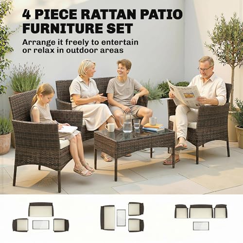 Outsunny 4 Pieces Wicker Patio Furniture Set, PE Rattan Outdoor Conversation Set with Loveseat, 2 Chairs, Tempered Glass Coffee Table and Cushions for Garden Porch Balcony, Beige