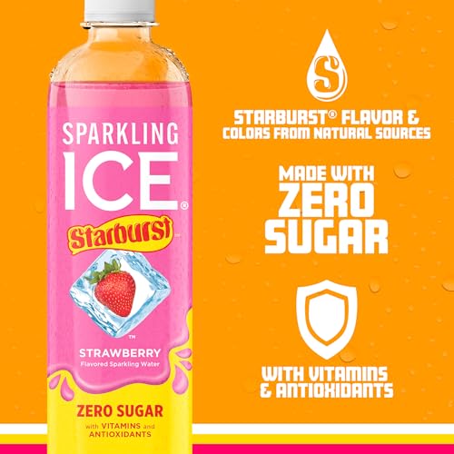 SPARKLING ICE STARBURST STRAWBERRY, ZERO SUGAR FLAVORED SPARKLING WATER, WITH VITAMINS AND ANTIOXIDANTS, LOW CALORIE BEVERAGE, 17 FL OZ BOTTLES (PACK OF 12)