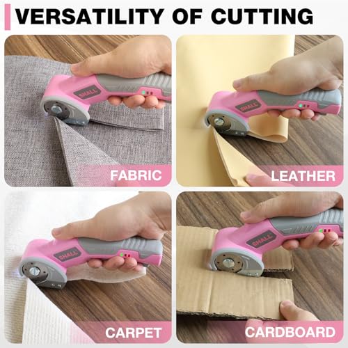 SHALL 4V Cordless Electric Scissors with Safety Lock, LED Light and Replacement Blade - Rechargeable Rotary Cutter for Fabric, Leather, Carpet, Cardboard and Plastic
