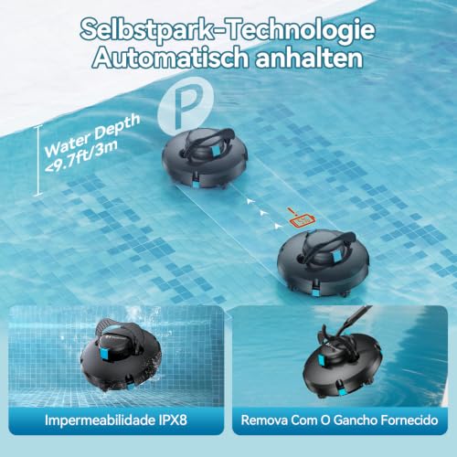 Robo Aspirador Piscina Sem Fio Por 130min, Até 102㎡, Filtro 180μm | Aspirador de Piscina com Recarga 3h, IPX8, Vedação Total sem Vazamentos, para Todos os Tipos de Piscina