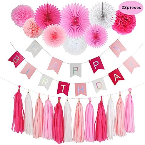 Nougat Decor 22 Pcs Pink and White Happy Birthday Party Decoration Set, Including Happy Birthday Banner,Tassel Garland, Tissue Paper Pom Poms and Hanging Paper Fans