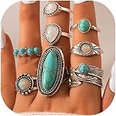 Airvess Vintage Knuckle Rings Set, Chunky Turquoise Stackable Rings, Silver Joint Finger Stacking Rings, Bohemian Western Jewelry for Women