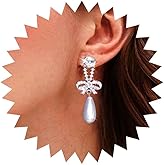 Sttiafay Vintage Teardrop Pearl Dangle Earrings Long Cz Pearl Drop Earrings Silver Crystal Bow Stud Earrings Rhinestone Pearl Bridal Earrings Jewelry for Women