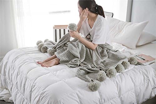 NOOS Throw Soft Warm Cover Blanket Cable Knitting Pattern Crochet Blanket, Cotton Cable Light weight Couch Air Cotton Knitted Throw Blanket, Sofa/Bedding/Couch Cover with Pom Poms