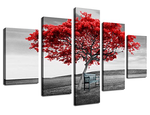 Wall Art Canvas Painting Red Tree with Chair on Grass Nature Pictures Home Decor Large 5 Piece Modern Artwork Canvas Prints Contemporary Landscape Framed Ready to Hang