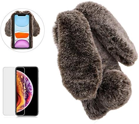Case for iPhone 11 Pro Max 6.5 Inch,Girlyard Cute Cartoon Rabbit Ears [Plush Case] Stylish Lovely Furry Artificial Fur Bling Crystal Rhinestone Design Fluffy Warm Winter Soft Hair Plush Cover-Brown