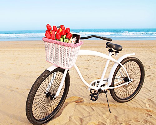 Colorbasket 00689 Rectangular Front Handle Bar Adult Bike Basket, All Weather, Water Resistant, Adjustable Leather Straps, Food-Contact Safe, White with Pink Trim