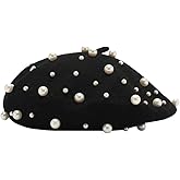 Retzjorv Women's Wool Berets Sweet French Pearl Beaded Beret Cap Winter Hat Knitted Beanie Hat for Girls