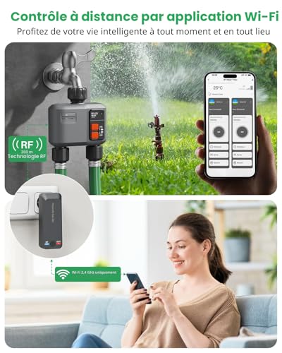 johgee 2 Way WiFi Watering Timer with 300M RF Technology Gateway, Automatic Watering Timer with Alexa and Google, Programmable Irrigation Timer and Remote Watering