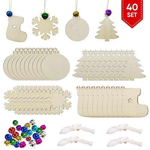 Hidreas 40PCS Christmas Crafts Unfinished Wooden Christmas Ornaments Kit, DIY Ornaments Crafts with 40PCS Colorful Bells and 40PCS Wax Rope for Holiday Decoration and DIY Craft Making