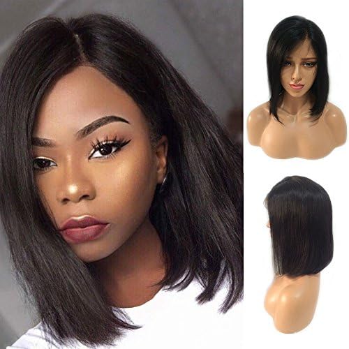 Human Hair Lace Front Bob Wigs Side Part Short Lace Frontal Wigs with Bangs Off Black Glueless Shoulder Length Human Hair Wig Straight Hair 10'' 1B Natural Black