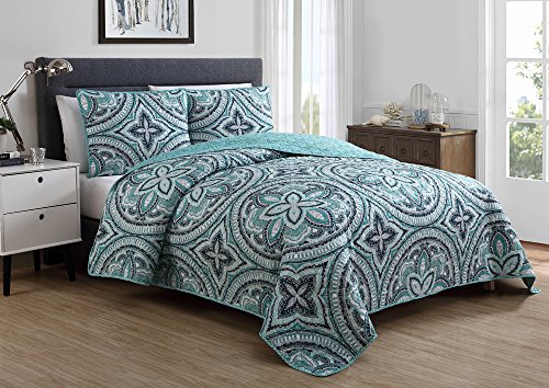 VCNY Home Allison Polyester 3 Piece Quilt Set, SUPER SOFT Quilt Set, Wrinkle Resistant, Hypoallergenic Bed Set, Full/Queen, Mint/Grey