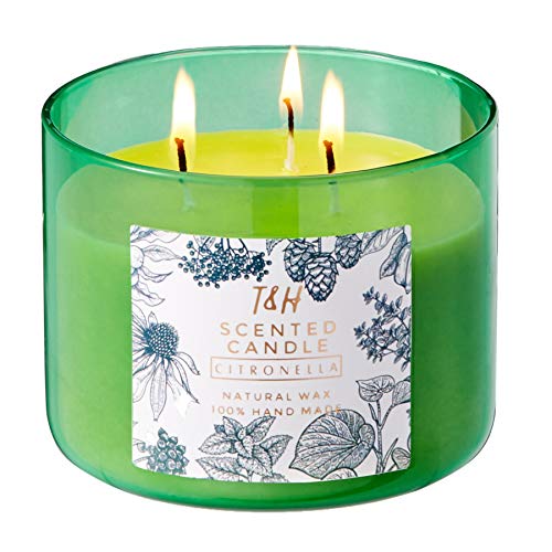 T&H Citronella Candles Outdoor Indoor Large Pure Soy Wax 3-Wick Scent Candle 80 Hour Burn 16 Ounces Highly Scented Long Lasting