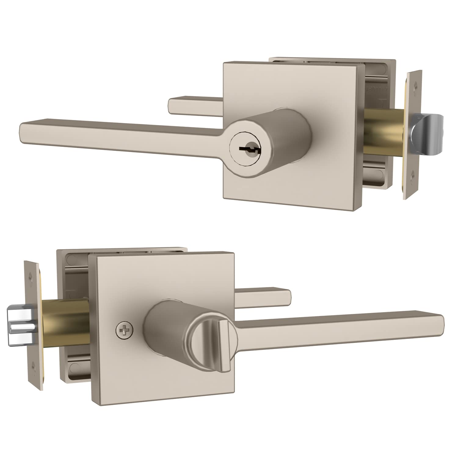Photo 1 of Mega Handles - Prime Entrance Handle, Entry Lever Door Handle, Heavy Duty Square Locking Lever Set for Left or Right-Handed Doors, Interior/Exterior Door Levers - Satin Nickel