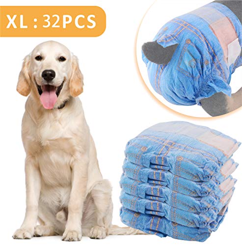 Roysili Disposable Dog Diapers Female Super Absorbent Leak-Proof Cute Jeans Style Small Medium Large Pets 32 Count (32 ct, XL)