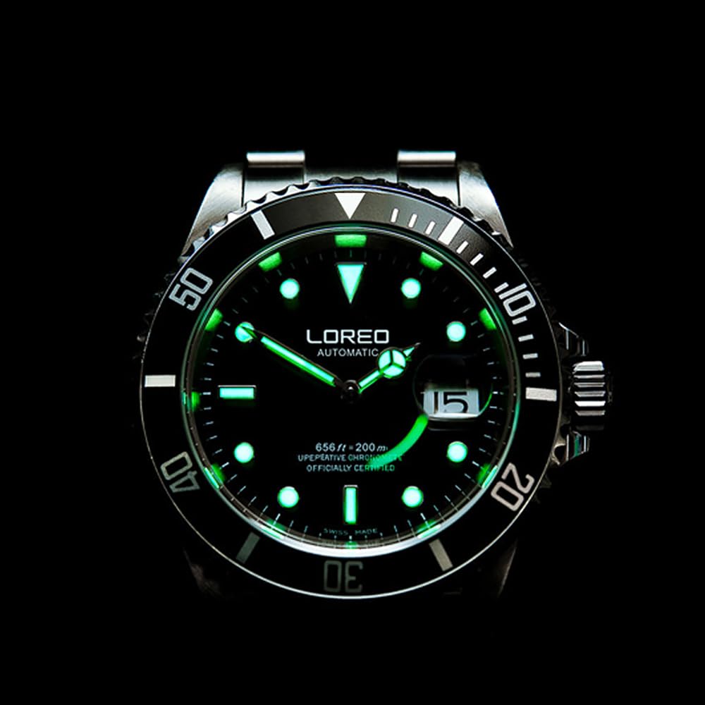 LOREO Mens Silver Stainless Steel Sapphire Glass Black Rotating Bezel Men's Automatic Watch