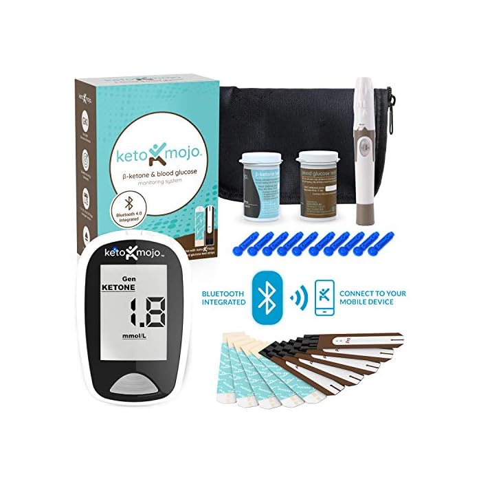 KETO-MOJO Bluetooth Ketone & Glucose Blood Testing Kit + APP, 20 Test Strips (10 Each), 1 Meter, 10 Lancets, 1 Lancing…