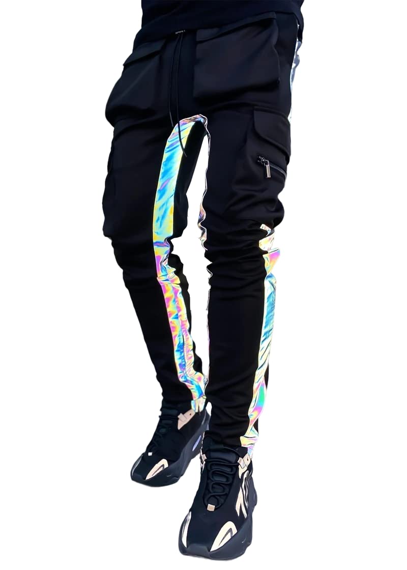 LZLRUN Rainbow Reflective Striped Pants Men Brand Hip Hop Dance Fluorescent Trousers Casual Harajuku Night Sporting Jogger