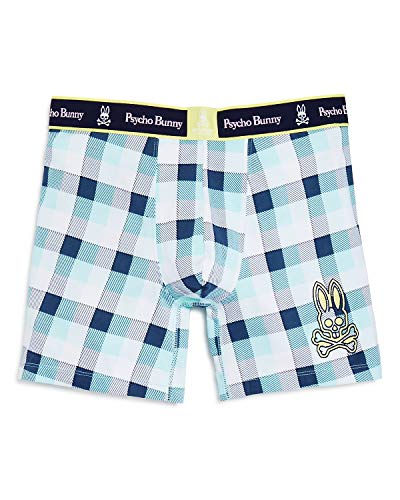 Psycho Bunny Men's Cotton Stretch Knit Boxer Briefs (Blue Glow Plaid, Large)