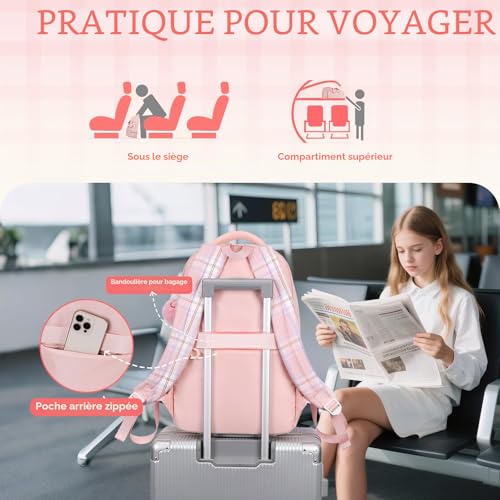 Tanou Girls Primary School Bag, Waterproof Daypack School Backpack for Teens, Kawaii Checked School Bag for Girls 9-16 Years Old for Travel