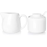 ONTUBE Porcelain Sugar and Creamer Set of 3,Cream Pitcher, Spoon, Sugar Bowl with Lid,Cream (White)