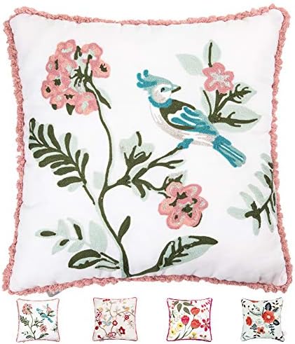 Hahadidi Flower Throw Pillow Covers Decorative Cushion Case for Living Room,Crewel Embroidery Cotton Linen Pillowcase for Bed,Sofa,18 x 18 Inch(45x45 cm)