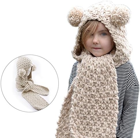 Pershoo Kids Hairball Beanie, Unisex Girls Boys Winter Knitted Cap Pom Beanie Earflap Hood Hat Scarves Slouchy Skull Cap Circle Scarf Protective Warm Hat For Photography - Beige