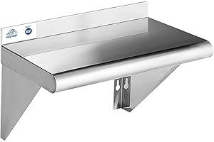 ROCKPOINT Stainless Steel Shelf 10 x 16 Inches 190lb, NSF Metal Commercial Shelves Wall Mount Floating Shelving with Backsplash for Restaurant, Kitchen, Home and Hotel, Silver