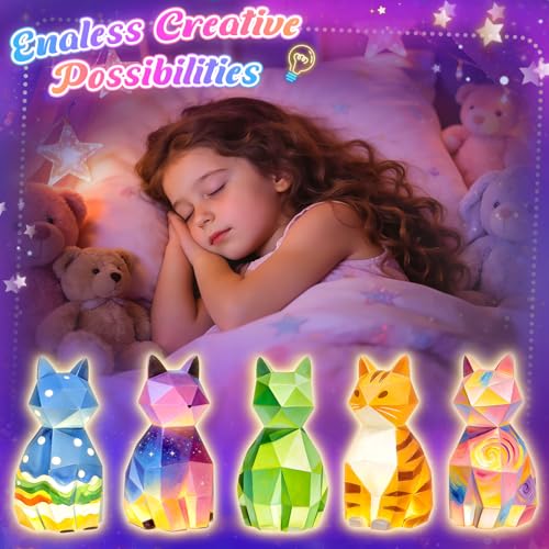 Dikence Painting Your Own Cat Lamp Toys DIY 3D Night Light Arts and Crafts Kits for Kids with Painting Accessories - Best Boys Girls Birthday Presents Gifts