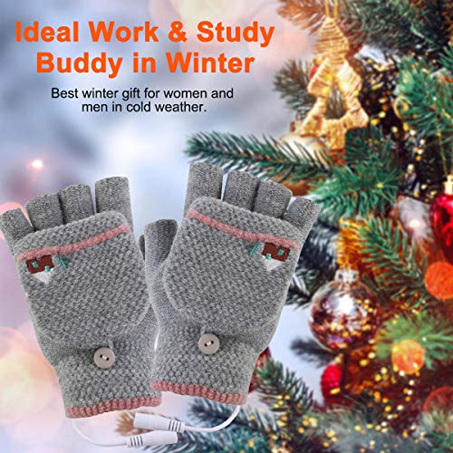 USB Heated Gloves, Mitten Winter Warm Laptop Gloves for Women Men Full & Half Hands Heated Fingerless Heating Knitting Hands Warmer (Women Grey) - Thumbnail 4