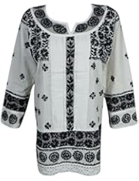 Mogul Womens Resort Tunic Dress Cotton Black Embroidered Chikankari Top Blouse