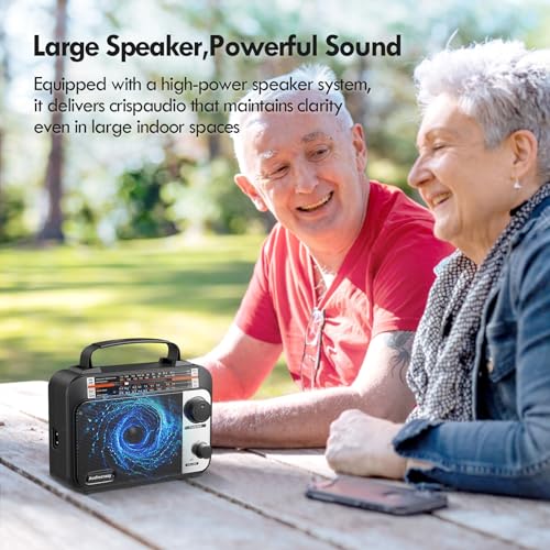 Audiocrazy Portable Radio AM/FM/SW1-2 Multiband Radio with Rechargeable Battery 1800 mAh, AC Cable or Portable FM Radio, Fleece, Speakers, Headphone Jack, AUX Input Black