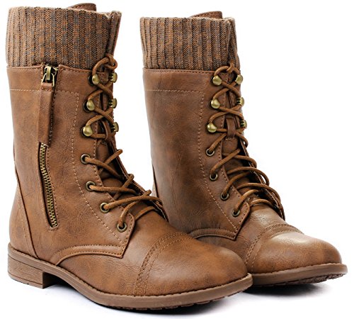 JJF Shoes Women Justina58 Tan Leatherette Sweater Cuff Lace Up Decorative Zipper Mid Calf Ankle Combat Boots-10