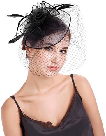 MEILIS Flower Cocktail Tea Party Headwear with Veil Feather Fascinators Derby Hat for Girls and Women