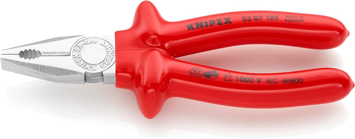 KNIPEX Combination Pliers Chrome-Plated with Dipped Insulation, VDE-Tested 180 mm, 03 07 180