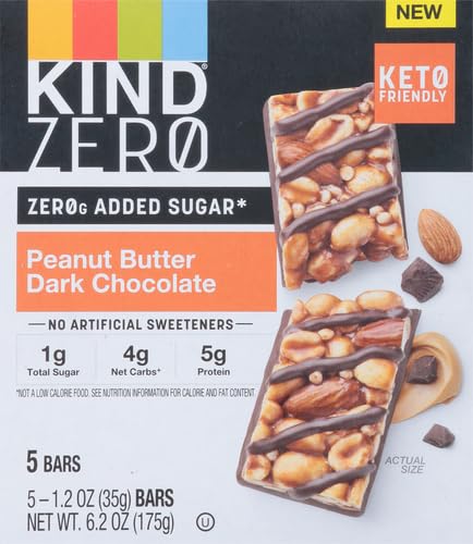 KIND ZERO ADDED SUGAR BARS, KETO SNACK, PEANUT BUTTER DARK CHOCOLATE, GOOD SOURCE OF FIBER, GLUTEN FREE, LOW SUGAR, 5G PROTEIN, 5 COUNT