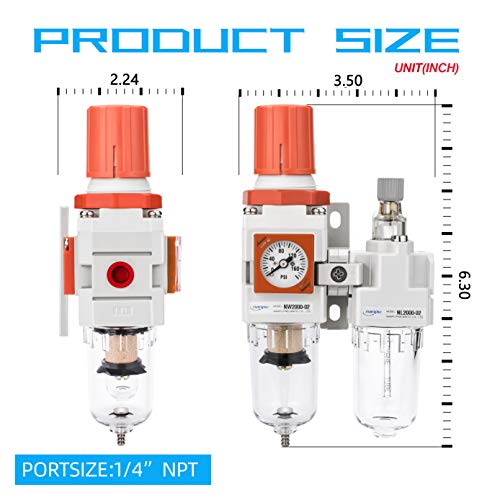 NANPU NC Compressed Air Filter Regulator Lubricator Combo NPT Water/Oil Trap Separator - Embedded Gauge(0-150 psi), Semi-Auto Drain,Poly Bowl, Bracket - 3 in 1 Two Unit (1/4" NPT) - Thumbnail 2