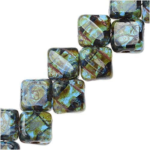 Czech Glass 2-Hole Silky Beads, 6mm Diamond Shape, 40 Pieces, Sapphire Picasso