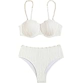 MakeMeChic Women's 2 Piece Bikini Set Textured Pearl Beaded Strap Scallop Trim High Waist Swimsuit
