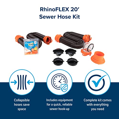 Camco RhinoFLEX 20’ Camper/RV Sewer Hose Kit Clear Elbow w/ Removable