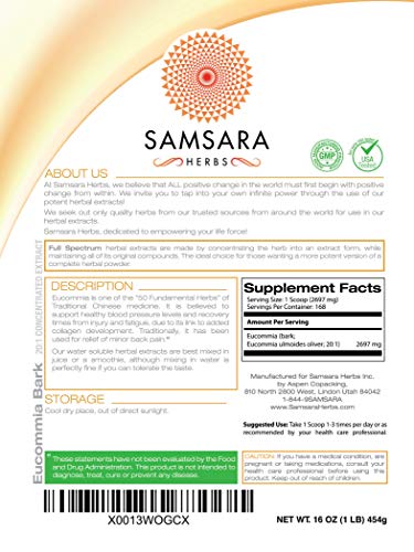 Samsara Herbs Eucommia Extract Powder - 20:1 Concentrated Extract (16oz/454g)