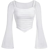 SweatyRocks Girl's Mesh Crop Top Square Neck Ruched Asymmetrical Bell Long Sleeve T Shirt