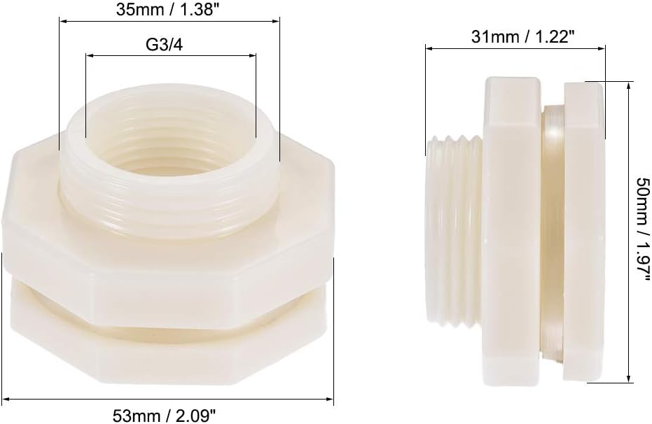 sourcing map Bulkhead Fitting, G3/4 Female 1.38" Male, Tube Adaptor Fitting, with Silicone Gasket and Pipe Connector - Image 4