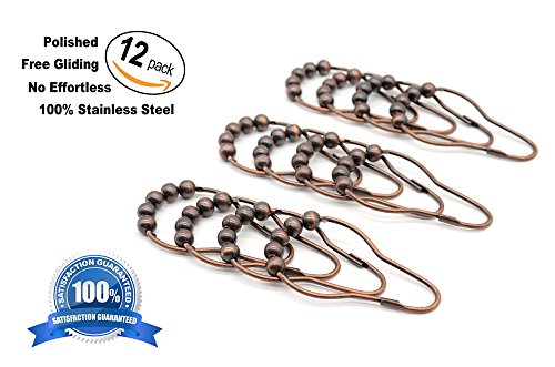 AMS Shower Curtain Hooks Rings - 100% Stainless Steel - Decorative with Polished Metal Frame,Set of 12 Rings (Bronze) - Thumbnail 2