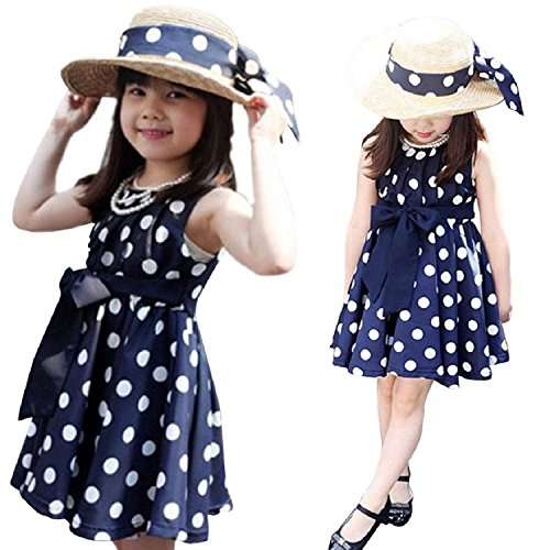Yo Coco Girls Sleeveless Chiffon Polka Dot Sundress Dress Bow Tie Skirt Blue Size 6-7 Years
