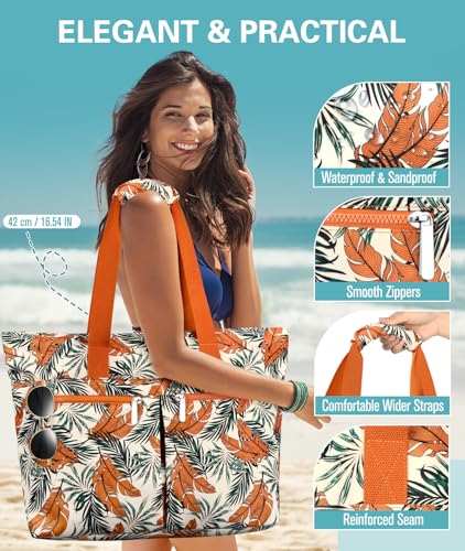ENONEO Beach Bag for Women Large Beach Bag Family 45L Waterproof Bags Swimming Pool XXL Shopper Tote Bag with Zipper Foldable Beach Bags for Shopping Travel Picnic