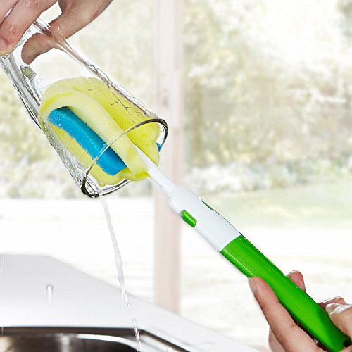 Durable Soft Spong Bottle Cleaning Brush Set Cleaner Tool Long Handle for Tea Cups Glass Coffee Stains Porcelain Baby Bottle With No Scratch (Green)