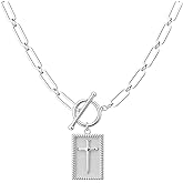 HETICA Chunky Cross Necklace Gold-Plated Toggle Clasp Rectangle Cross Charm Paperclip Chain Necklace for Women Religious Simple Jewelry Gift
