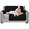 Sofa Shield Loveseat Slip Cover with Patented Strap, Cushion Protector, Reversible Stain and Dog Tear Resistant Slipcover, Quilted Microfiber 54” Seat, Washable Covers for Dogs Pets Kids, Black Gray