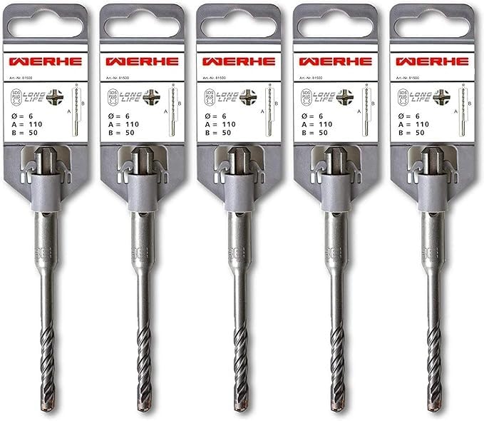 WERHE ® Professional 5 pcs. SDS Plus Concrete Drill 6 x 110 mm Hammer Stone Quadro X Quadruple Cutting Cross Cutter